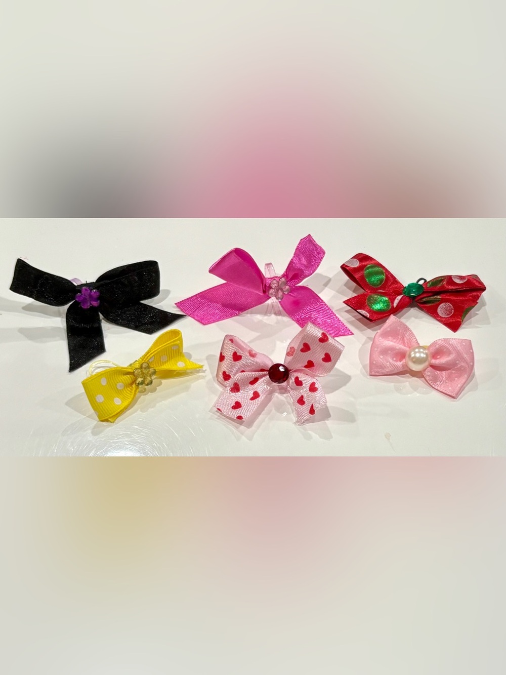 Handmade Set-Six Hair Bows in Satin for Small Dogs in Different Styles and Color